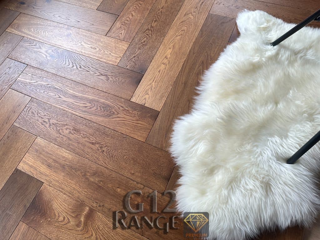 Aged Golden Oak herringbone flooring for contemporary interior design