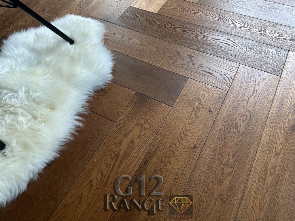 Golden Hinde Aged Oak herringbone flooring in a London living room