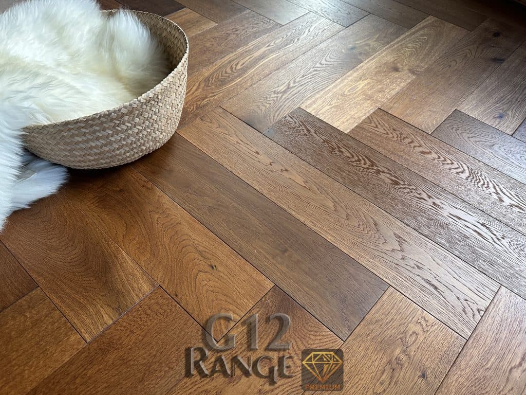 Luxury bedroom with Golden Hinde Aged Oak herringbone floor