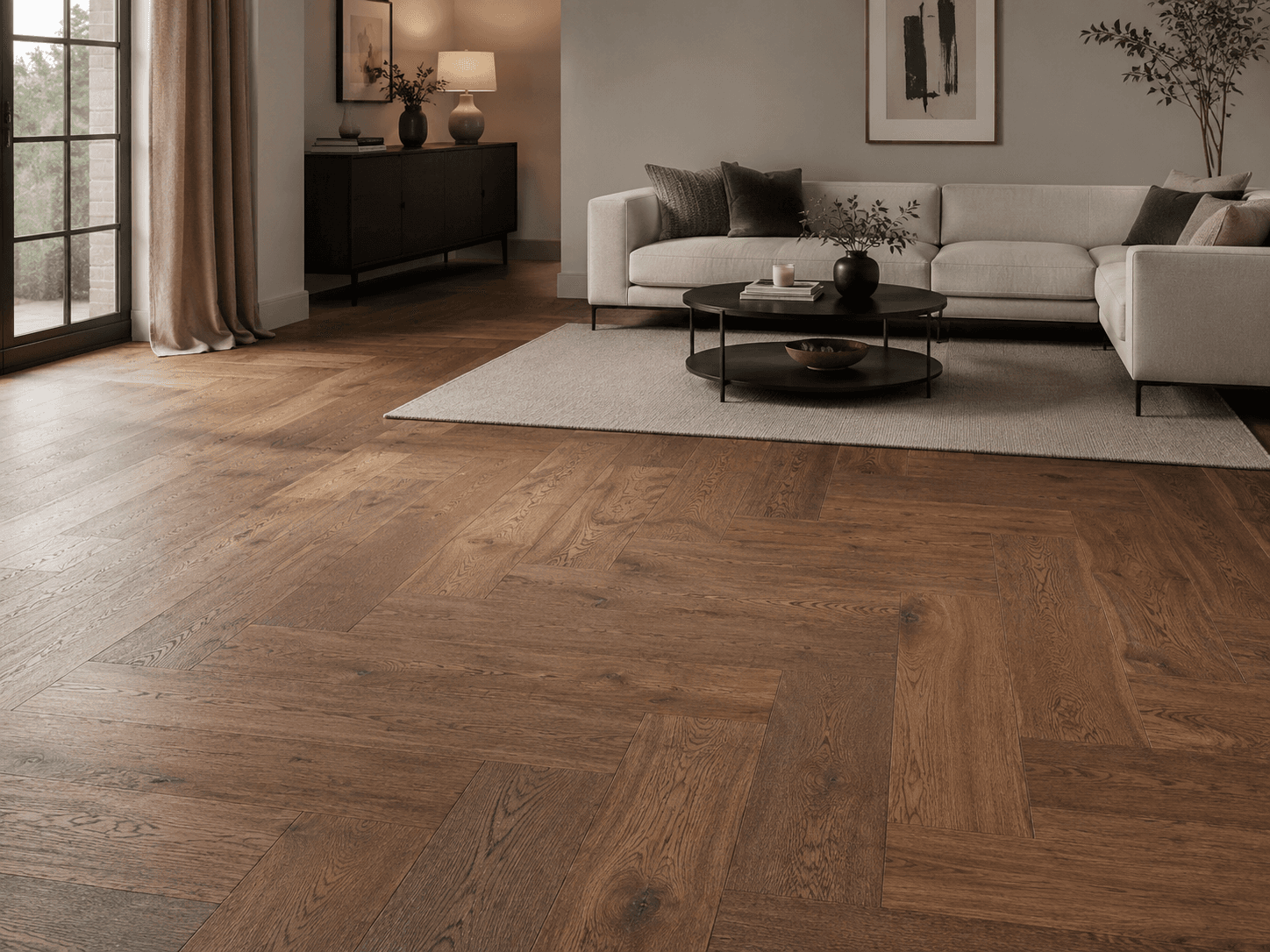 Caramel Dark Oak herringbone engineered flooring - hero lifestyle close-up