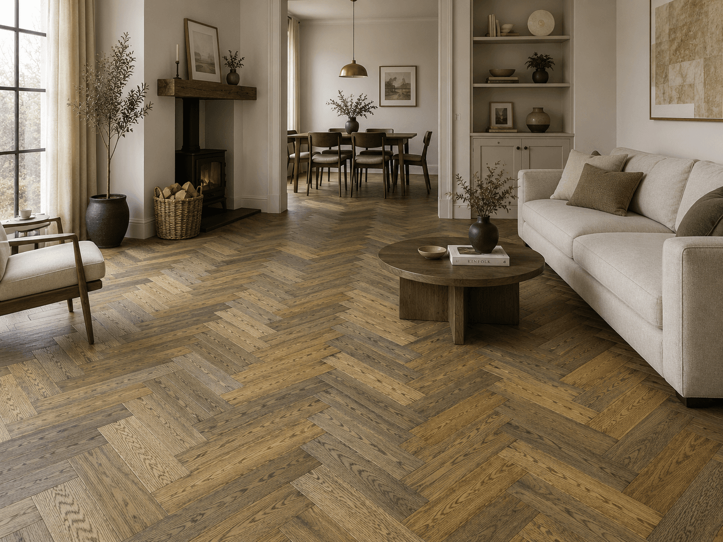 Golden Hinde Aged Oak herringbone engineered flooring - premium hero close-up