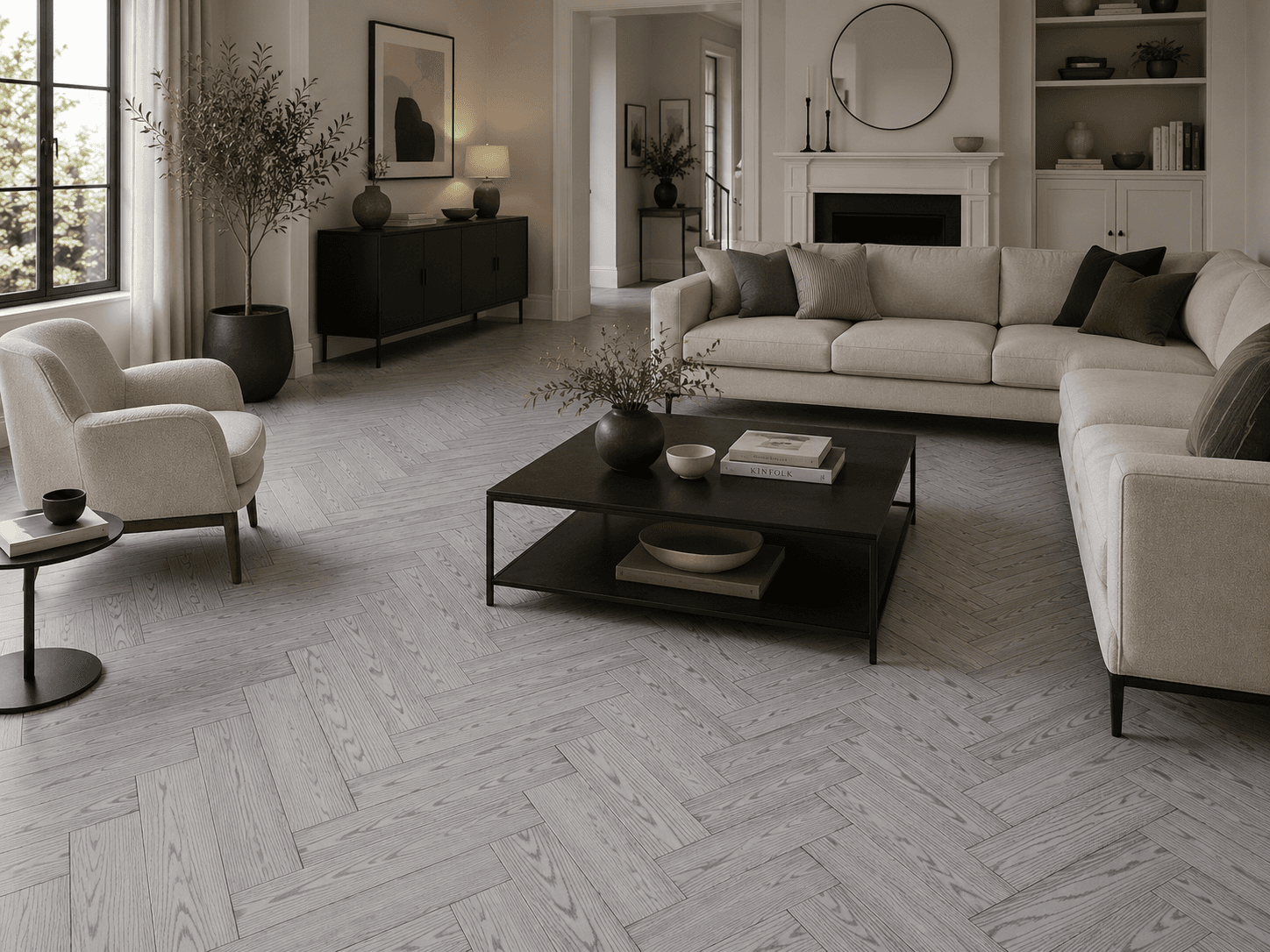 London Smoked Grey Engineered Oak Herringbone Flooring - Product hero interior view